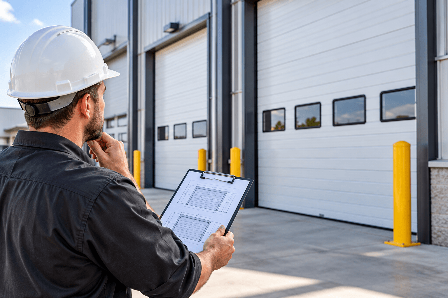 Technician evaluating commercial garage doors for a business property in Porter TX