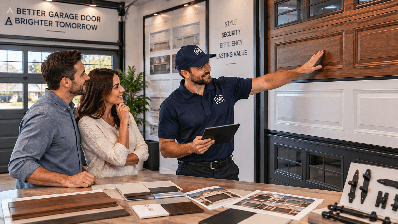 Homeowners choosing the right garage door with a professional technician in Porter TX