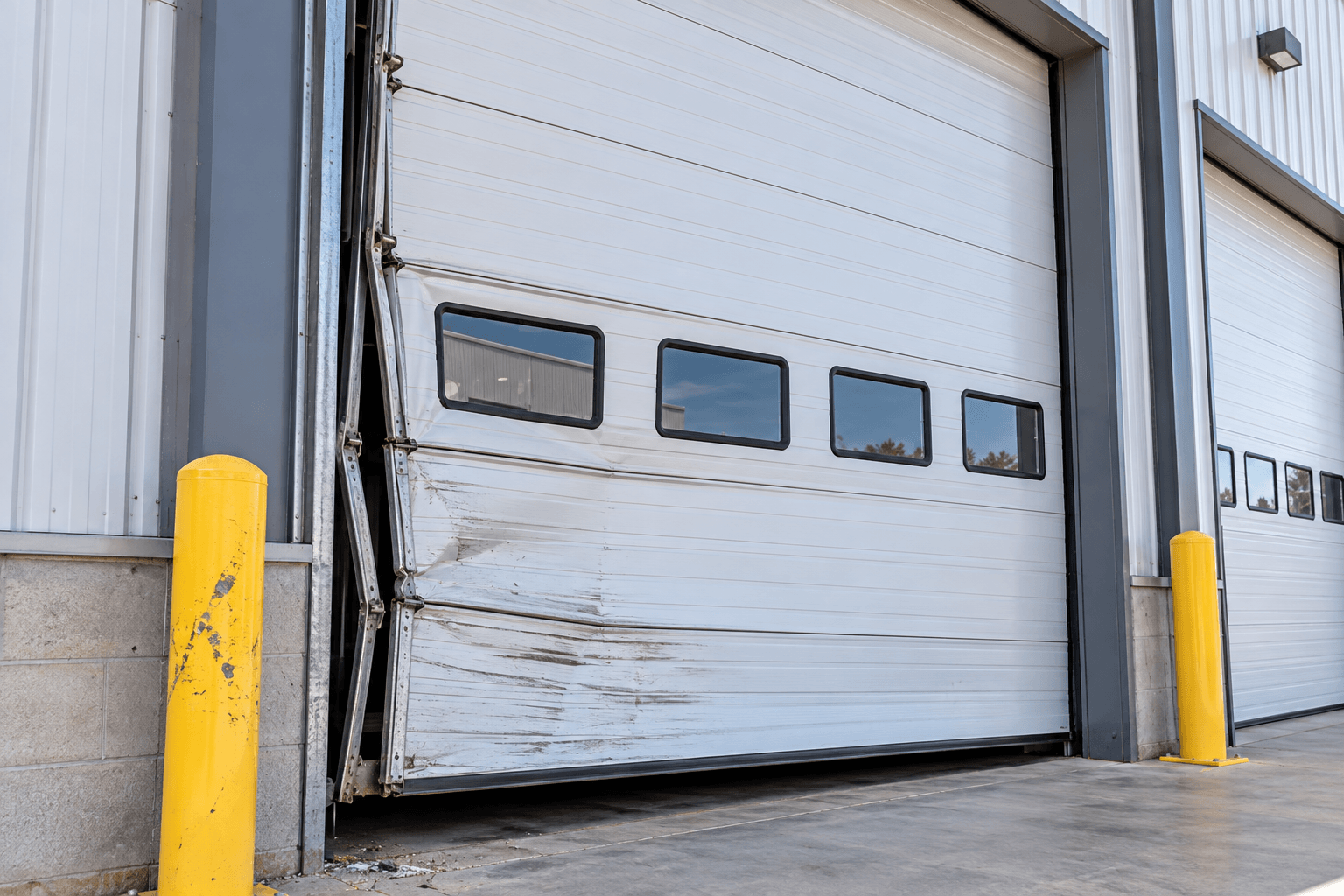 Damaged commercial garage door before repair at a business property in Porter TX