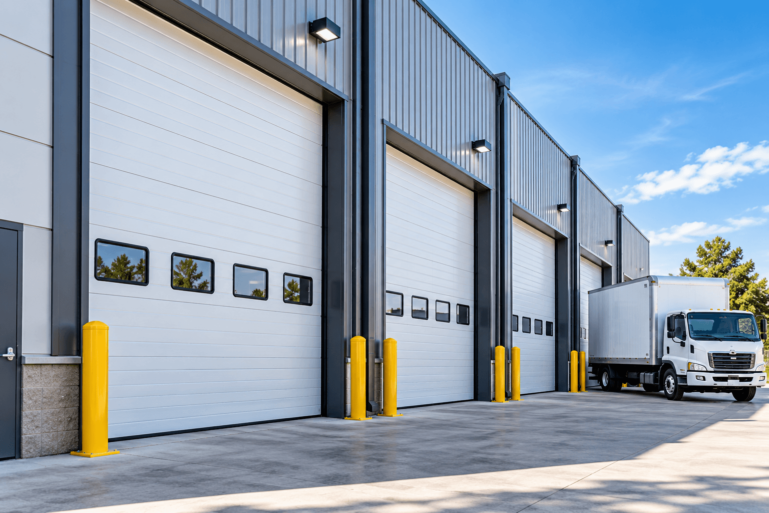 Commercial garage doors at a business facility in Porter TX