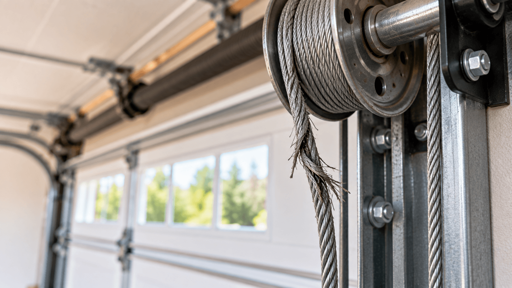 Frayed garage door cable showing wear near the cable drum in Porter TX