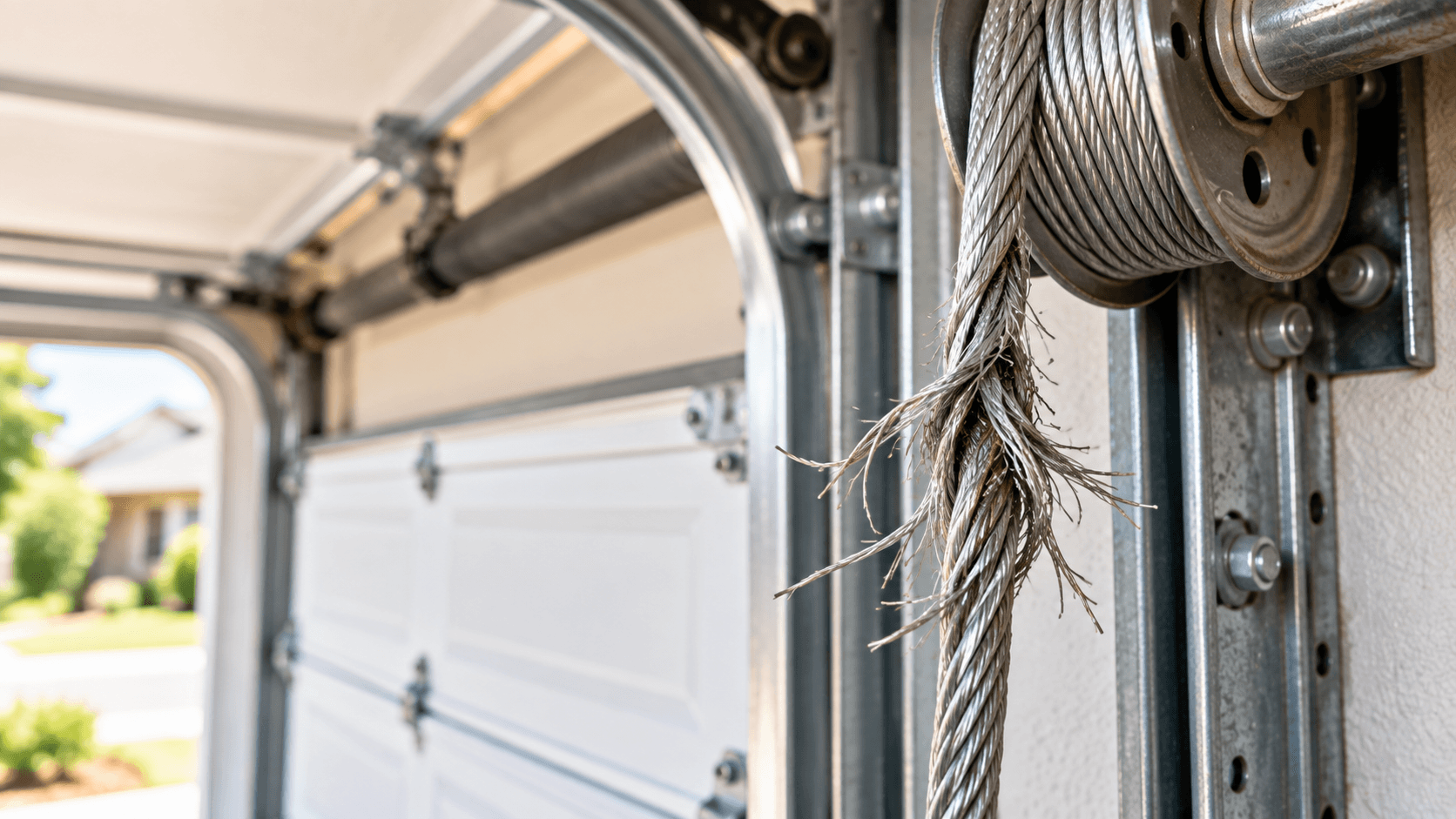 Frayed garage door cable showing signs of wear in Porter TX