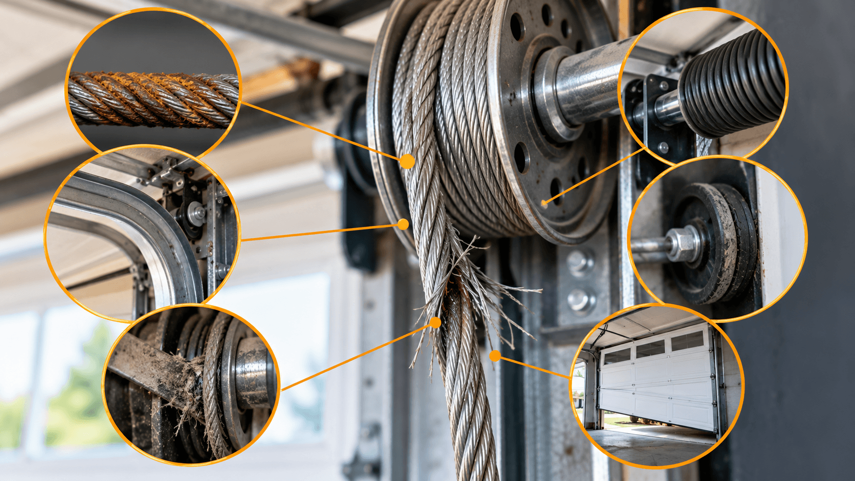 Frayed garage door cable showing common causes of cable wear in Porter TX