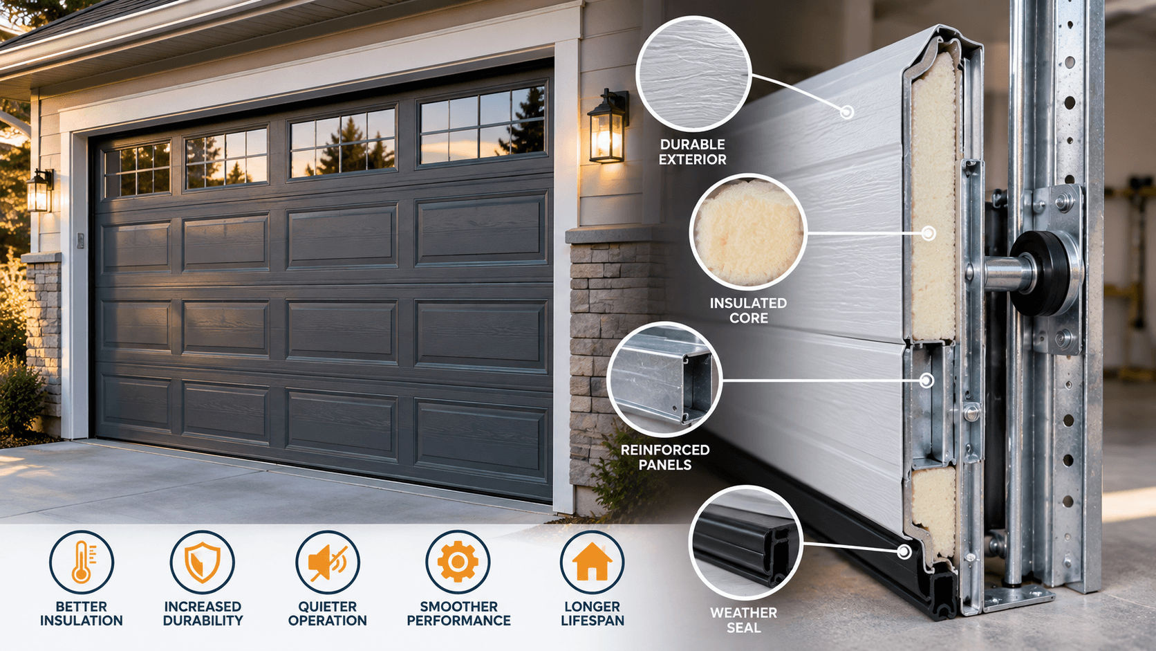Insulated garage door construction showing reinforced panels core and weather seal in Porter TX