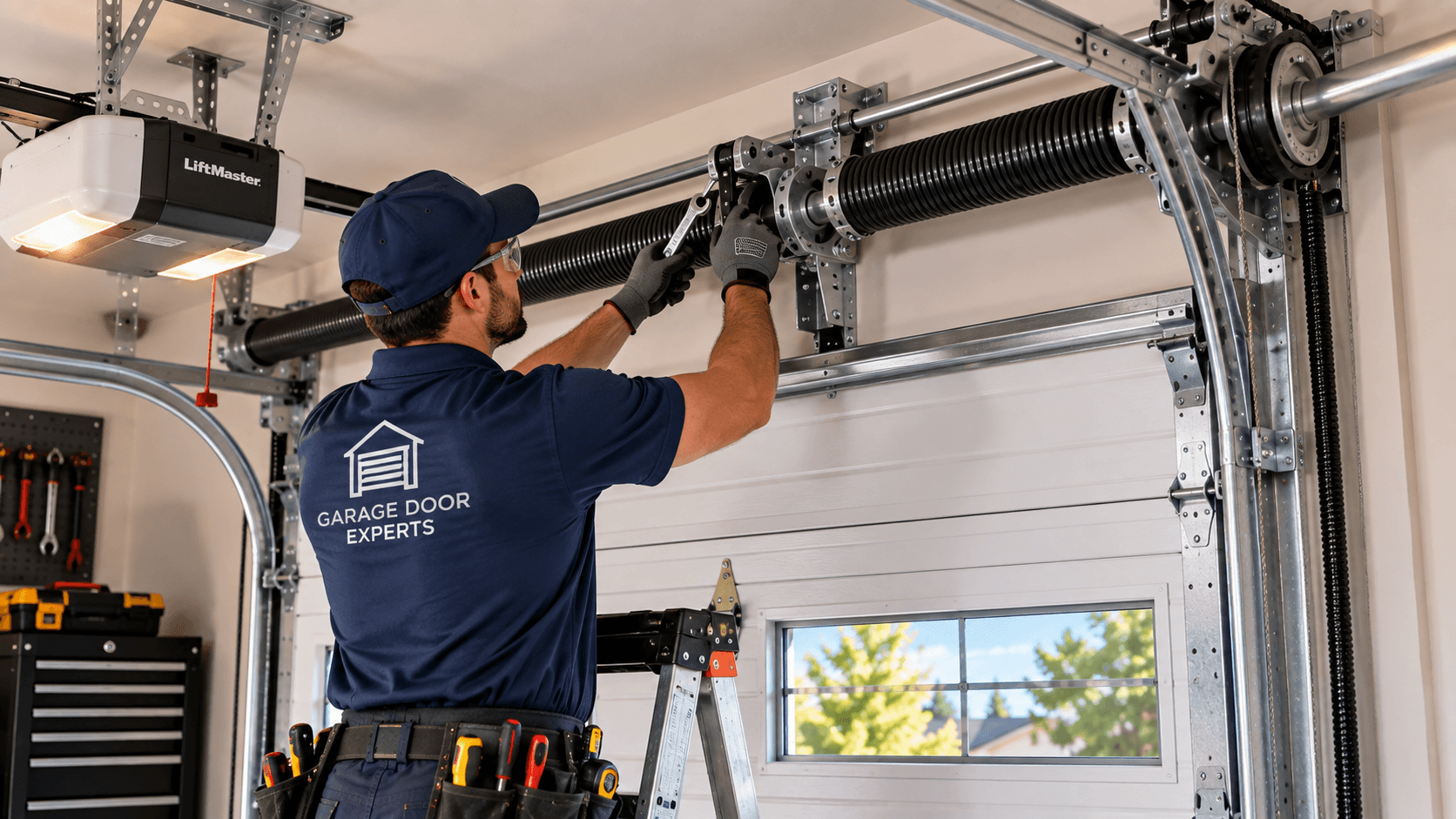 Technician installing garage door springs tracks and motion hardware in Porter TX