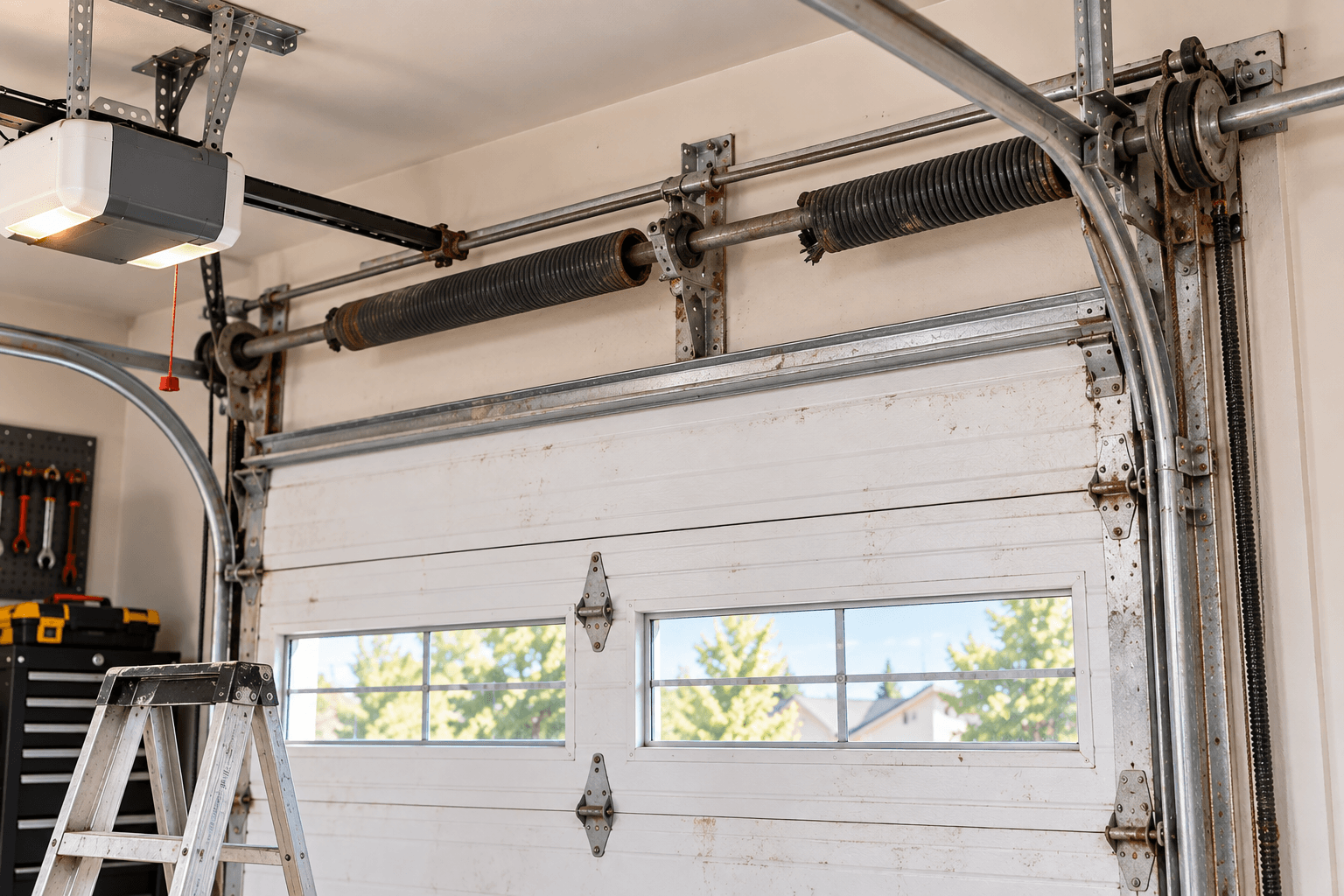 Damaged garage door before repair service in Porter TX