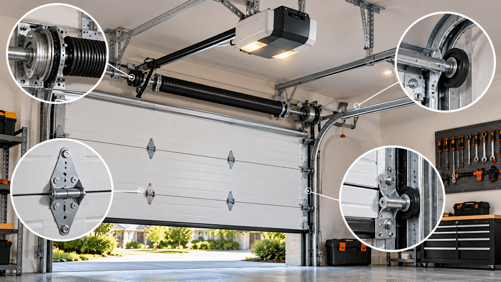 Garage door tracks rollers hinges and spring hardware guiding smooth door movement in Porter TX