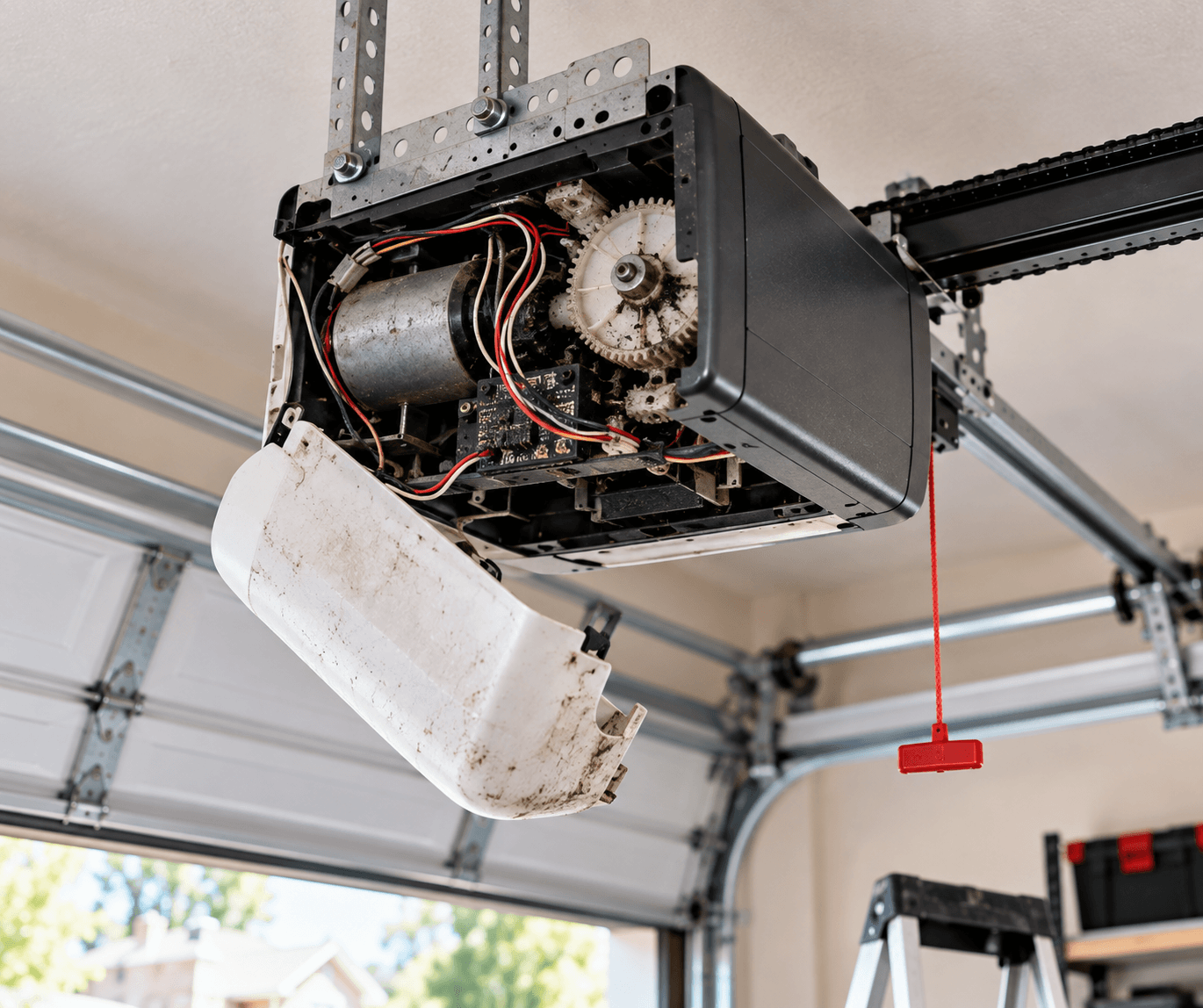 Damaged garage door before repair service in Porter TX