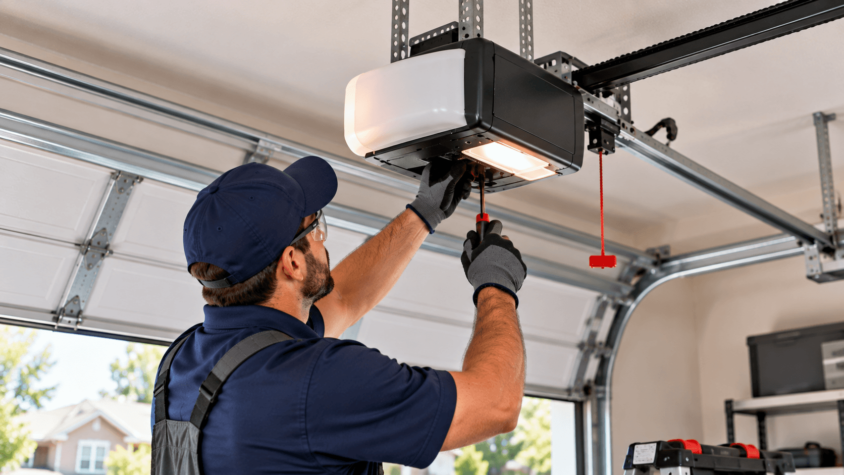Technician troubleshooting garage door opener in Porter TX