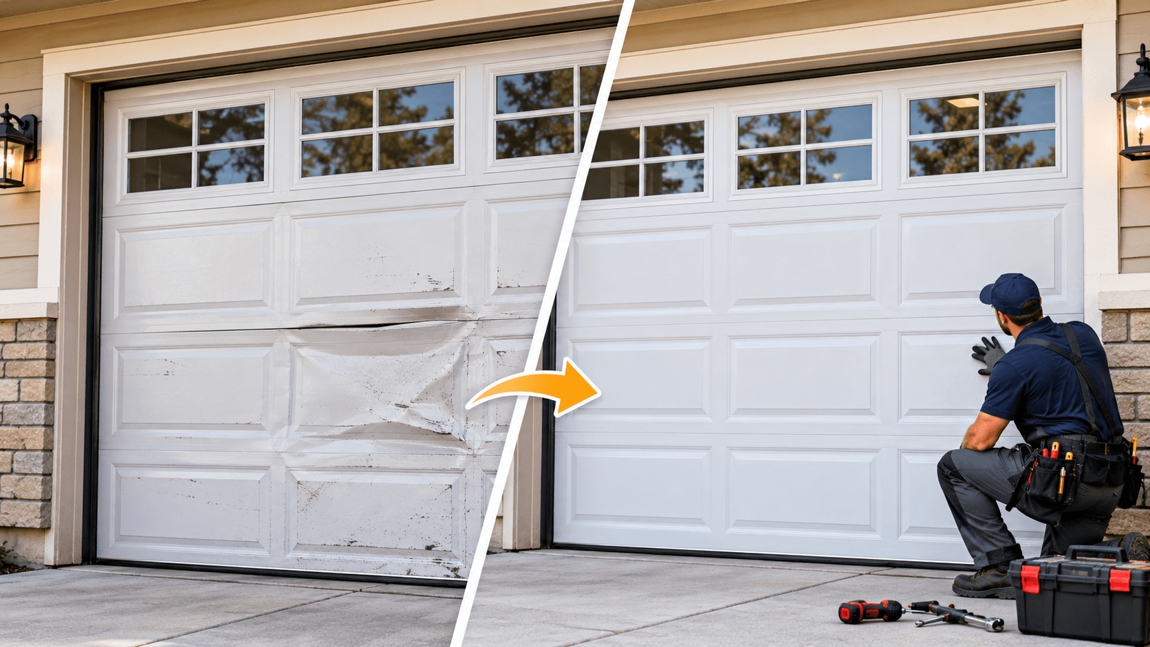 Garage door panel repair before and after in Porter TX