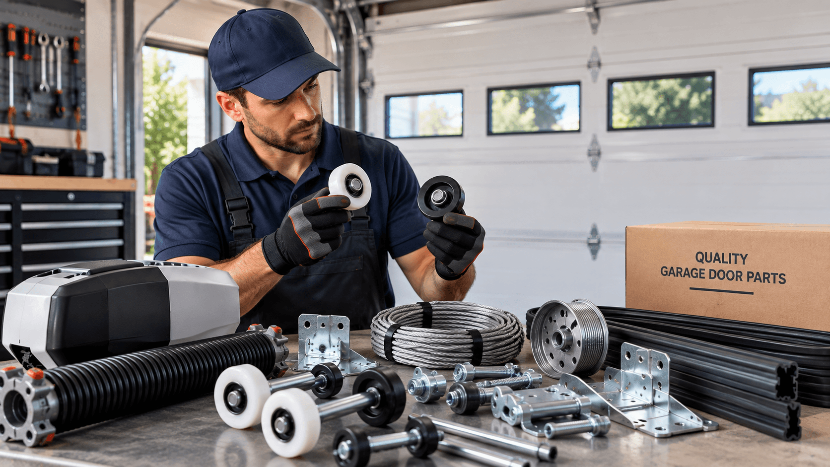 Technician comparing replacement garage door parts to select the correct components in Porter TX