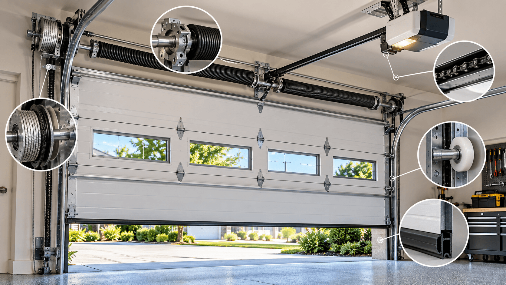 Garage door springs cables rollers tracks and opener components working together in Porter TX