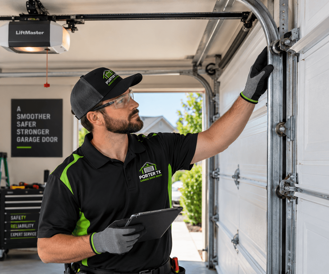 Technician inspecting developing garage door problems in Porter TX