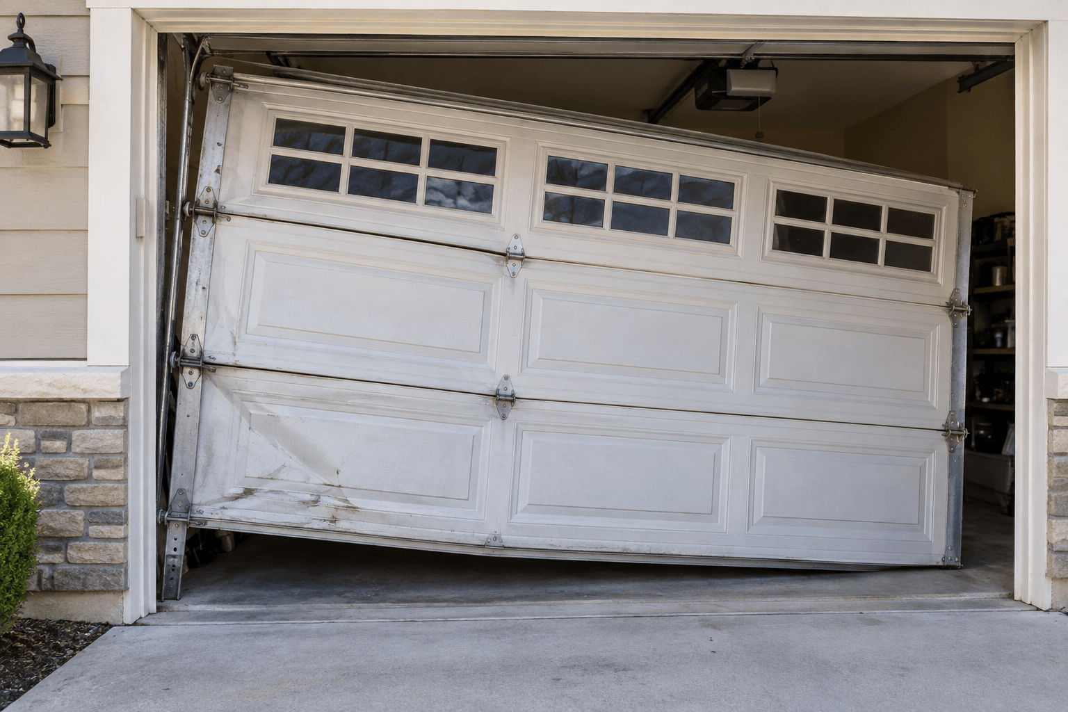 Damaged garage door before repair service in Porter TX