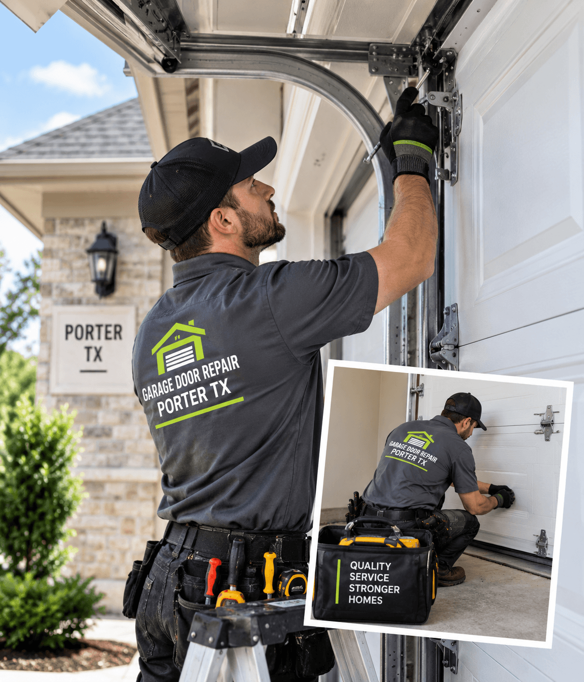 Garage door repair technician inspecting a residential garage door in Porter TX