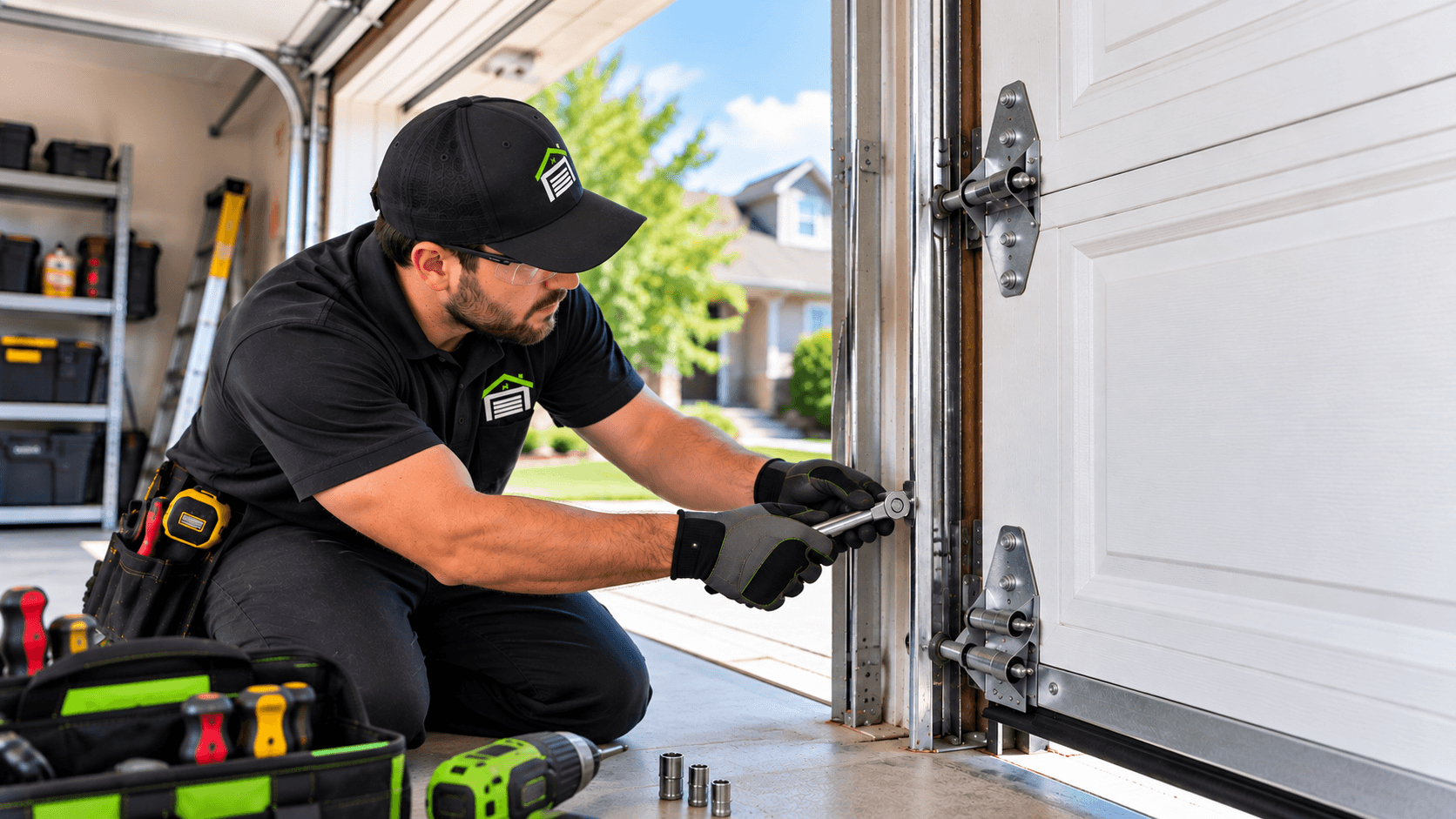 Technician diagnosing a garage door failure for Garage Door Repair Porter TX