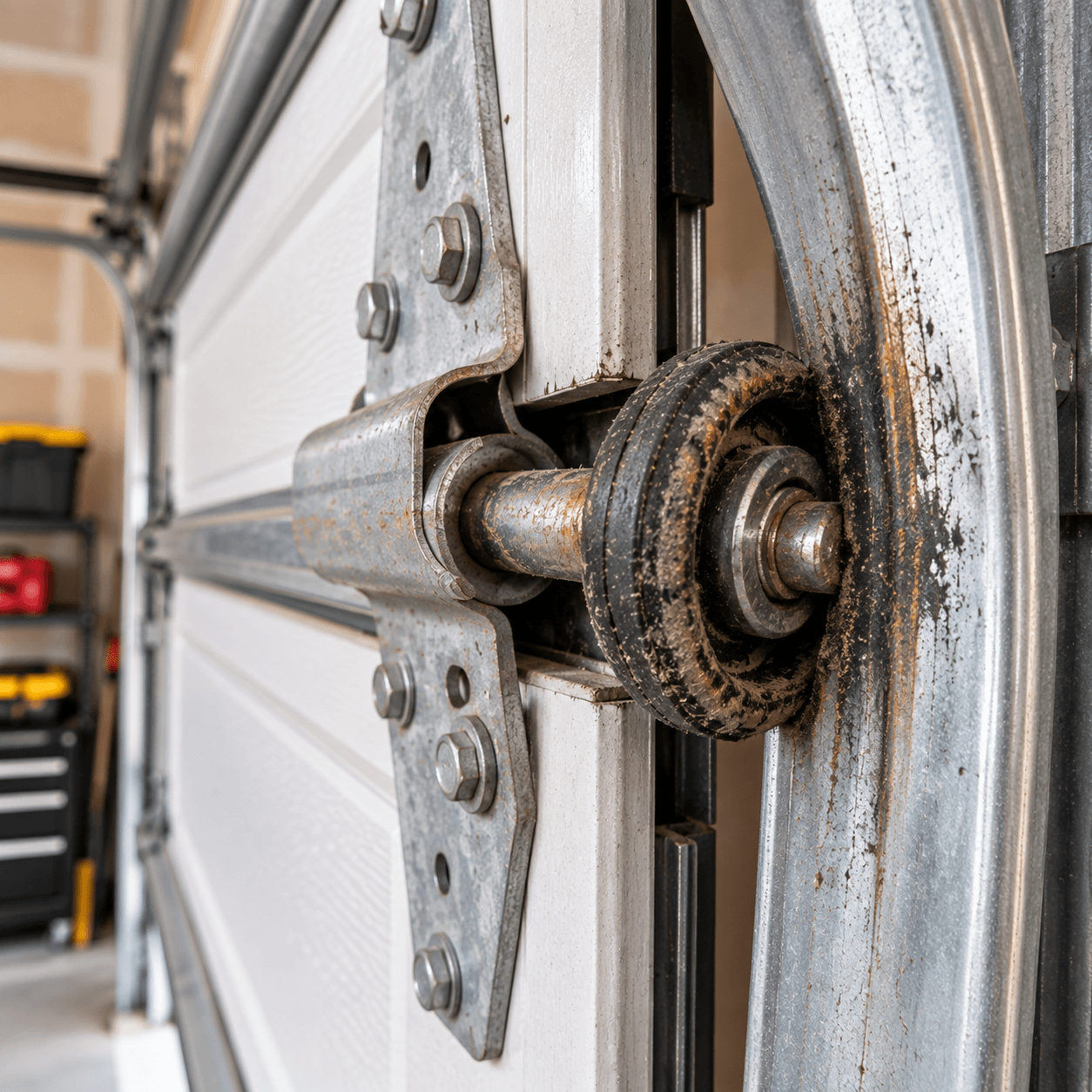 Damaged garage door before roller repair service in Porter TX