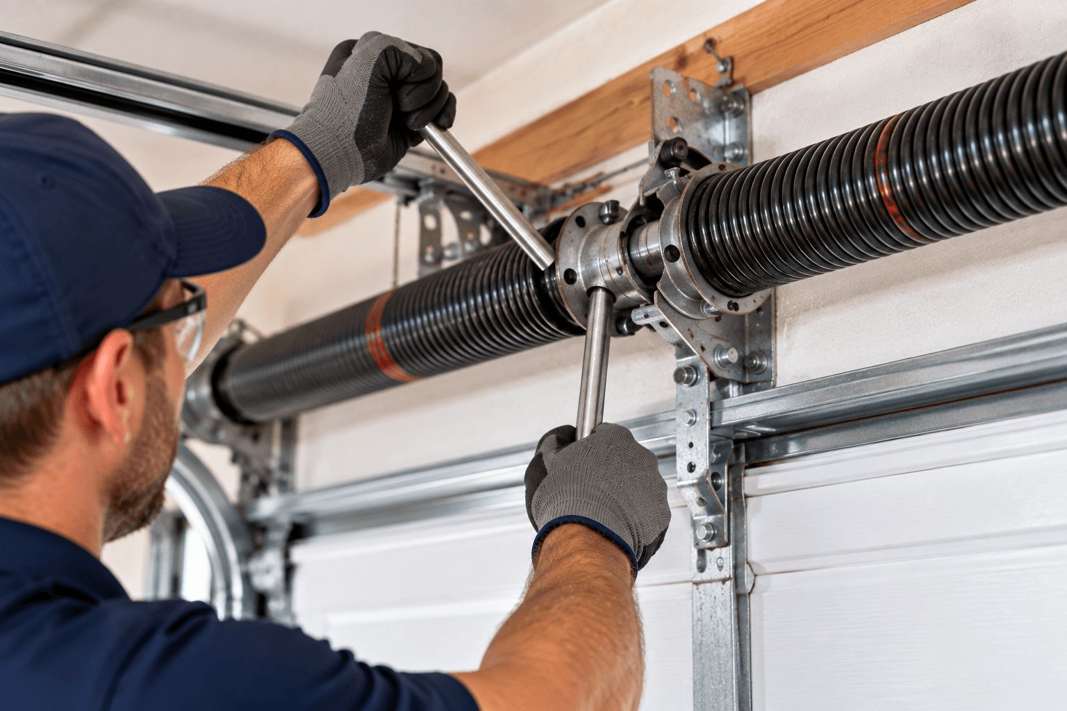 Technician repairing a garage door torsion spring in Porter TX