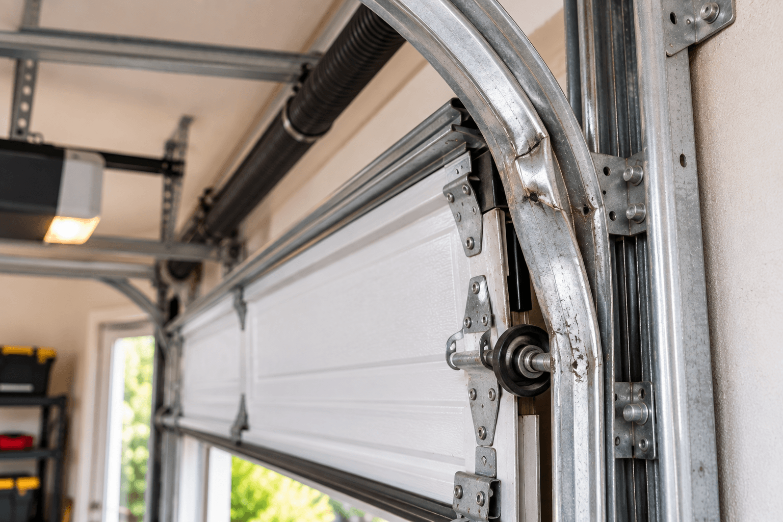 Damaged garage door track in Porter TX