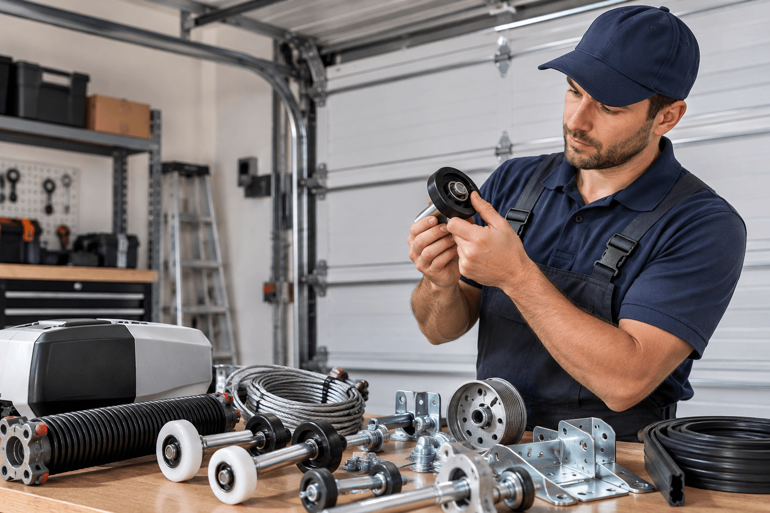Technician matching the correct replacement parts for a garage door in Porter TX