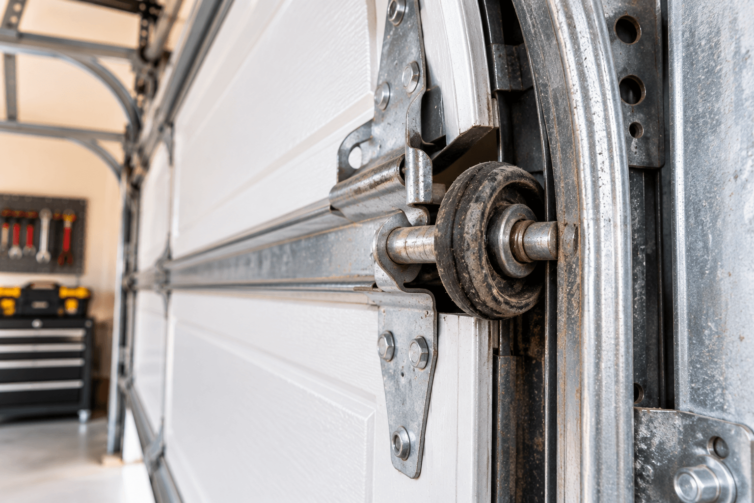 Worn noisy garage door roller in Porter TX